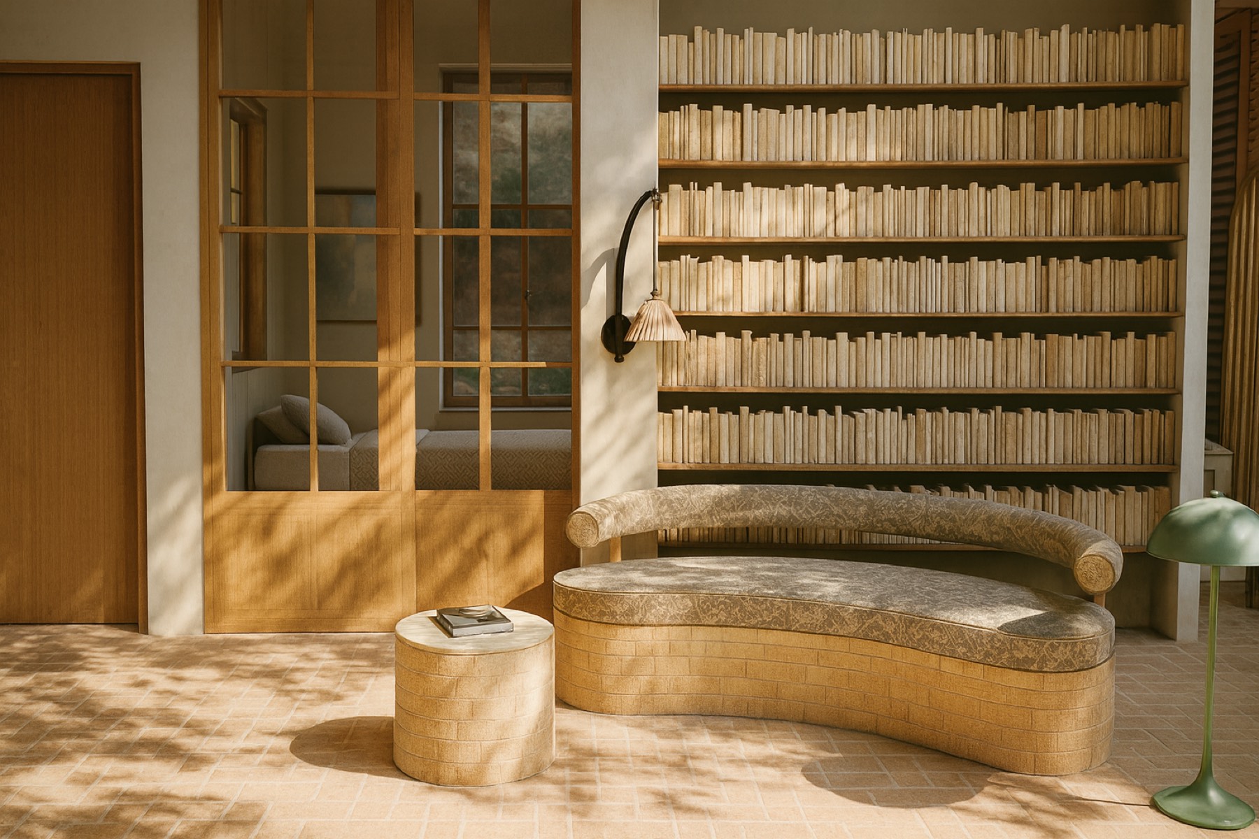 Villa Reflet — la bibliothèque cintrée et sa banquette